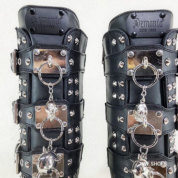 Demonia Charade Mace Charms Platform Chunky Heel Goth Mid Calf Boots - Picture 10 of 13